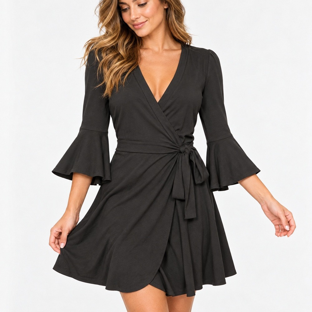 Lilly Pulitzer Womens Black Bell Sleeve Wrap Front Romper V-Neck Size XS
